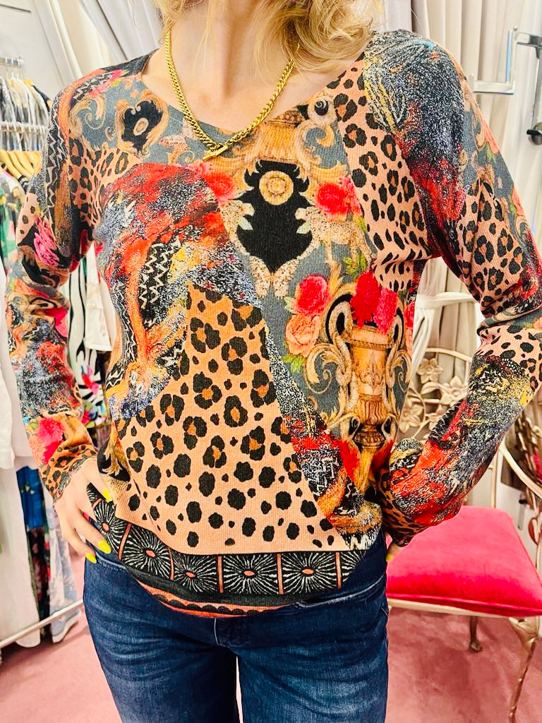 Floral & Leopard Print Merino Wool V Neck Jumper P559