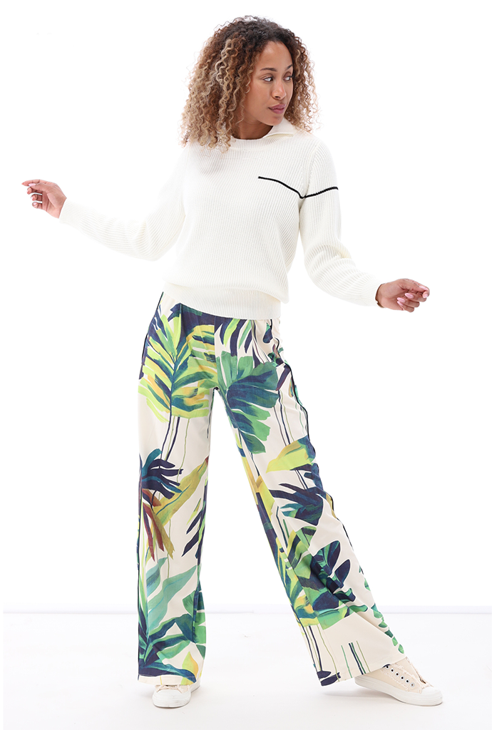 K-design Tropical Leaf-Print Wide-Leg Trousers A804