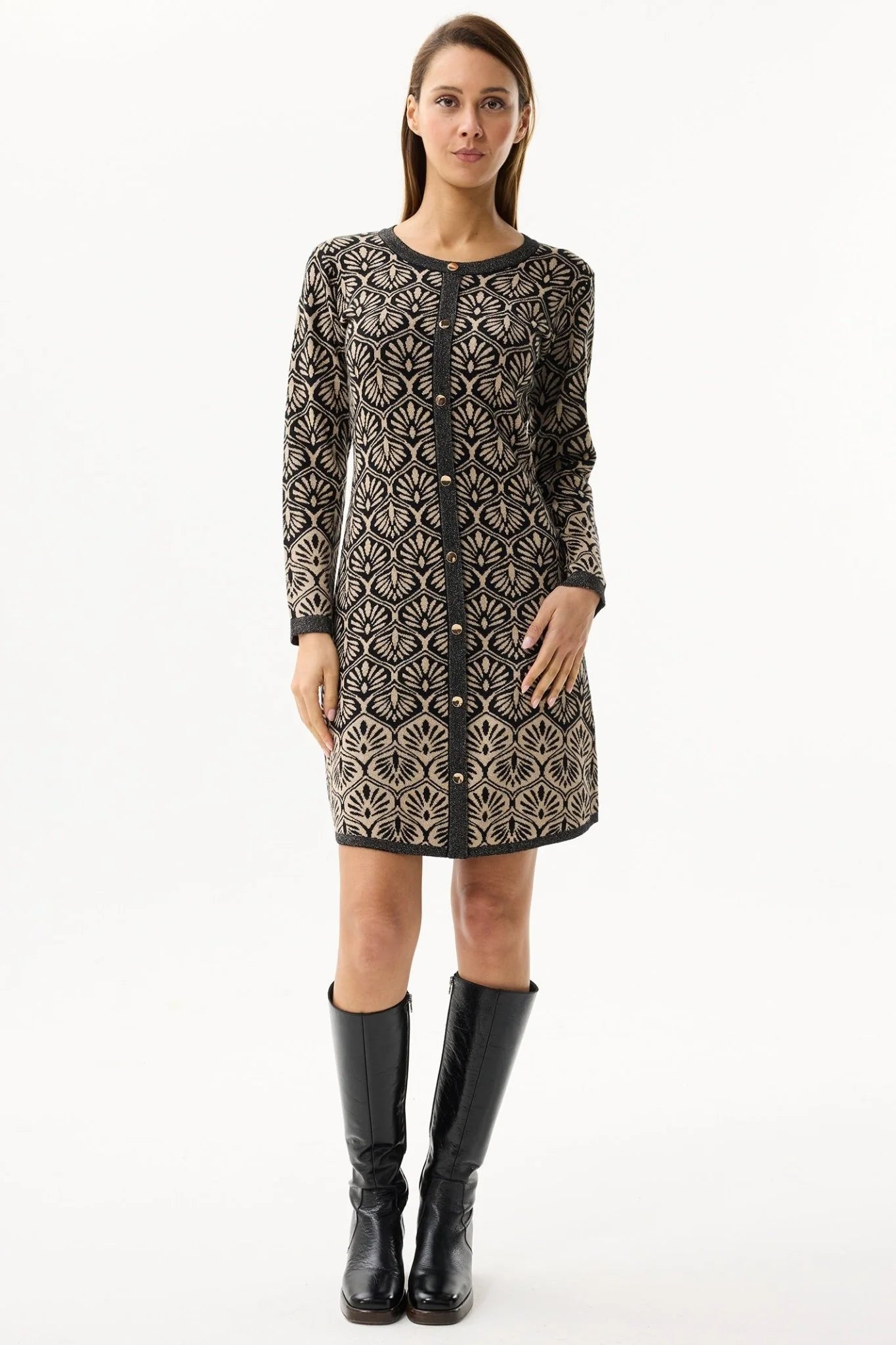 Black Gold Fan Pattern Knitted Dress