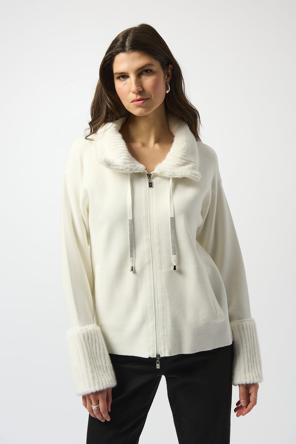 Sweater Knit Coat With Fur Trim