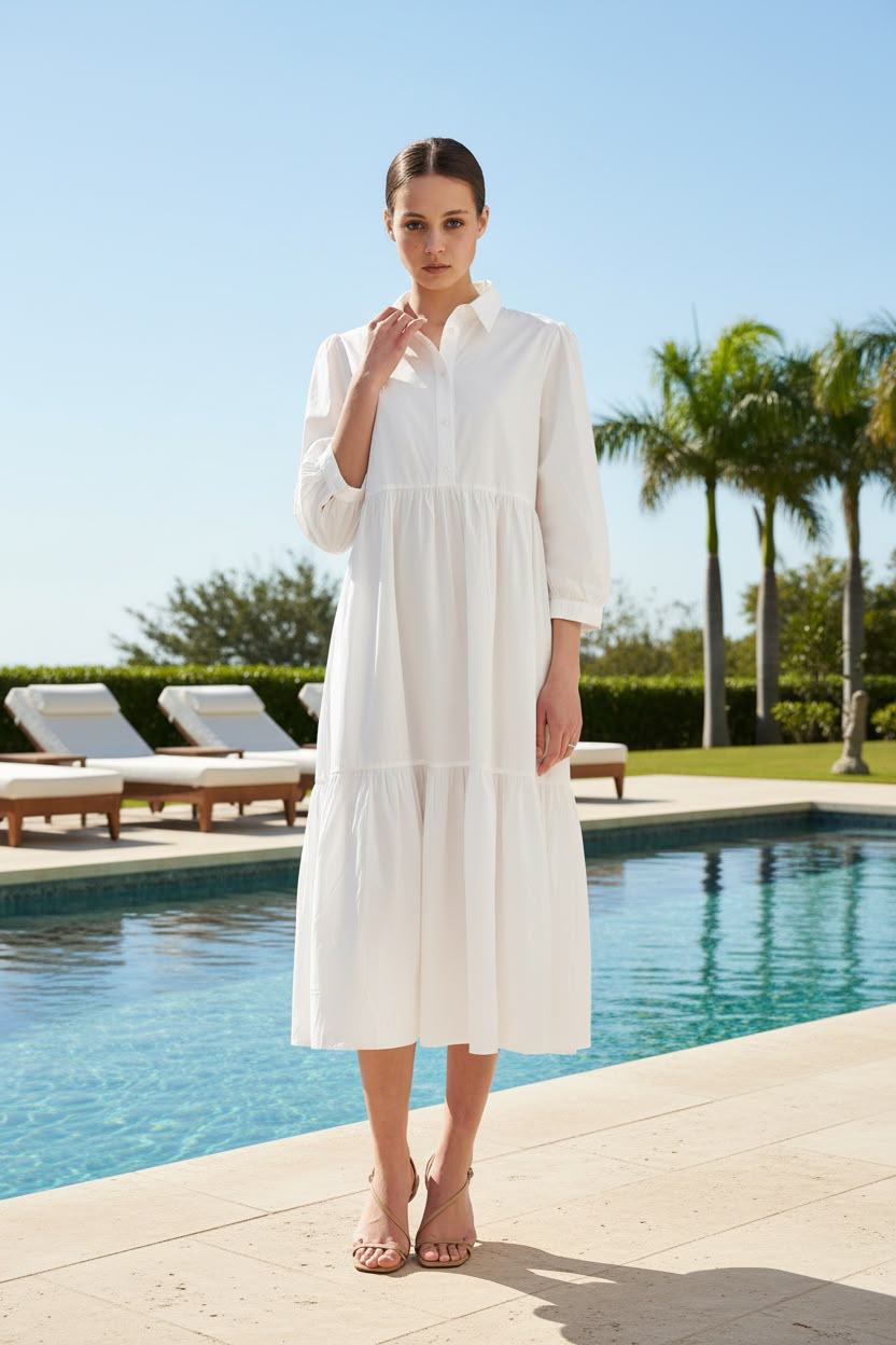 White Chiara Tiered 100% Cotton Midi Dress