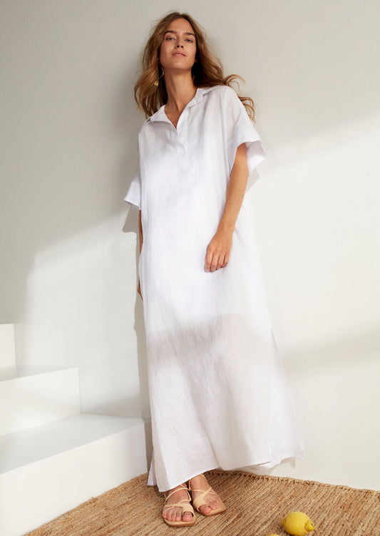 White Pure Linen Maxi Dress