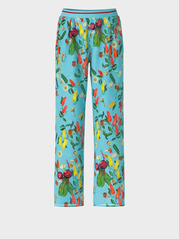 Silk Straight Trousers with Veggie Print