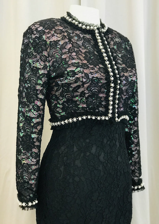Vintage black lace bolero jacket with pink sequins underlay - Lucindas on-line