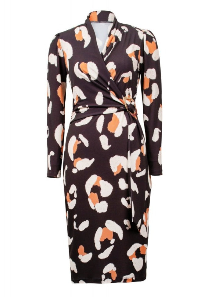 Abstract Animal Print Wrap Dress 223036