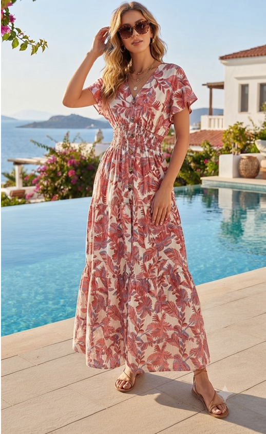 Tuscan Sunset Palm Shirred Maxi Dress - Lucindas on-line