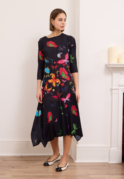 Abstract Butterfly Plissé Midi Dress