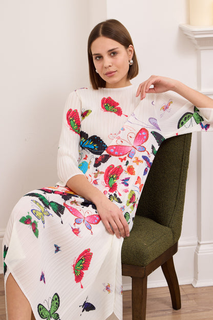 Abstract Butterfly Plissé Midi Dress