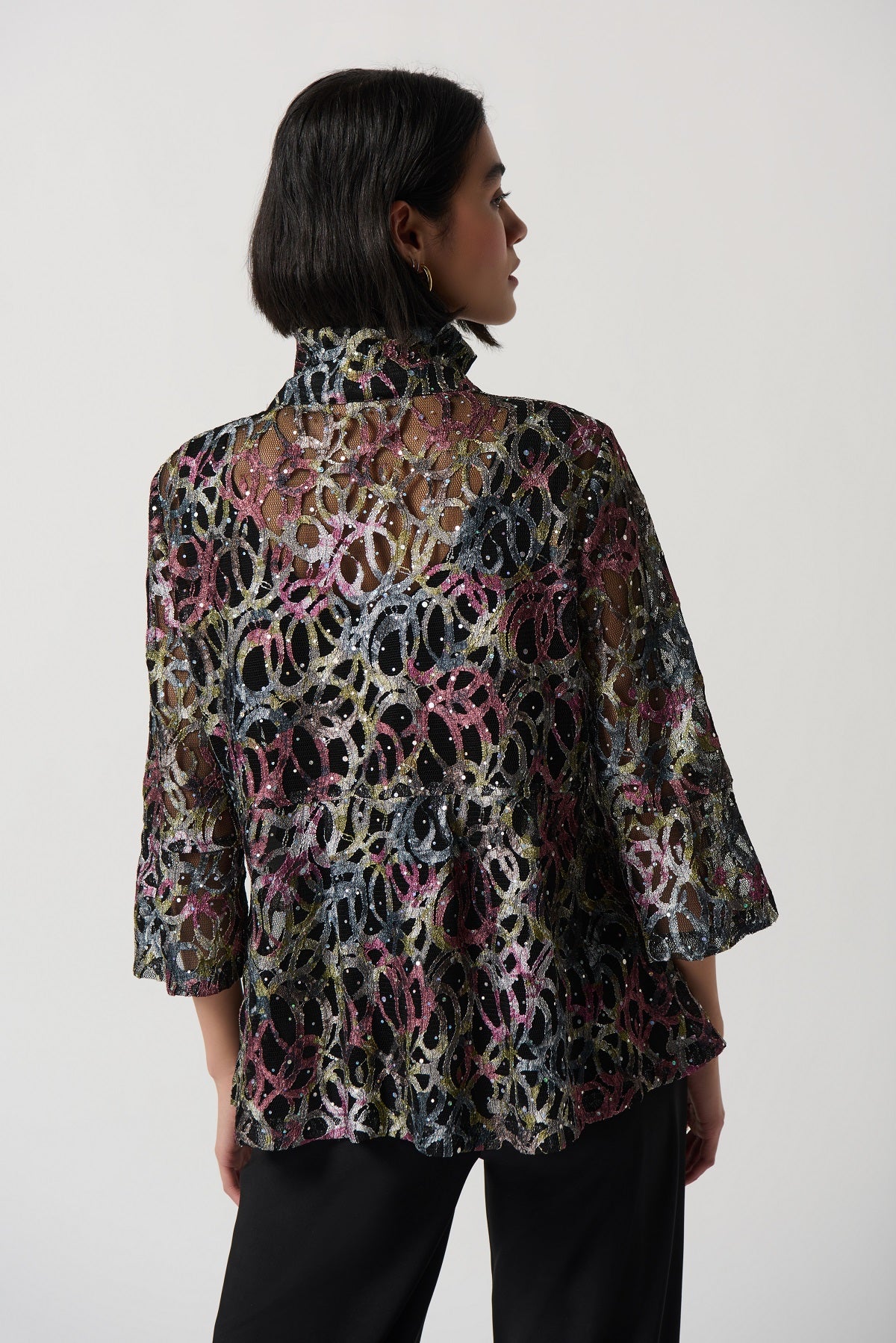Abstract Print Shirred Collar Trapeze Jacket 234106