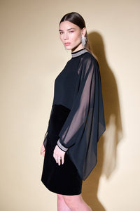 Velvet And Chiffon Dress With Cape And Rhinestone Collar 234706