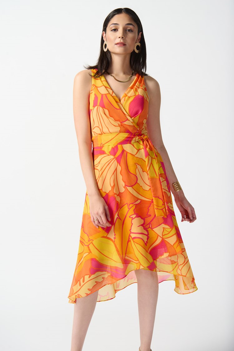 Yellow Chiffon Tropical Print Fit and Flare Dress 242015