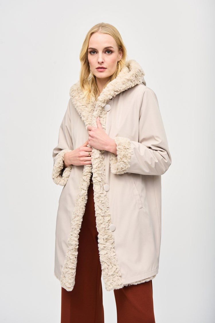 Reversible Faux Fur Coat with Hoodie 243903