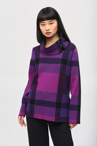 Plaid Jacquard Cowl Neck Sweater 243943