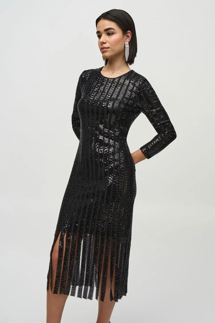 Sequined Midi Dress With Fringe Hemline 244906