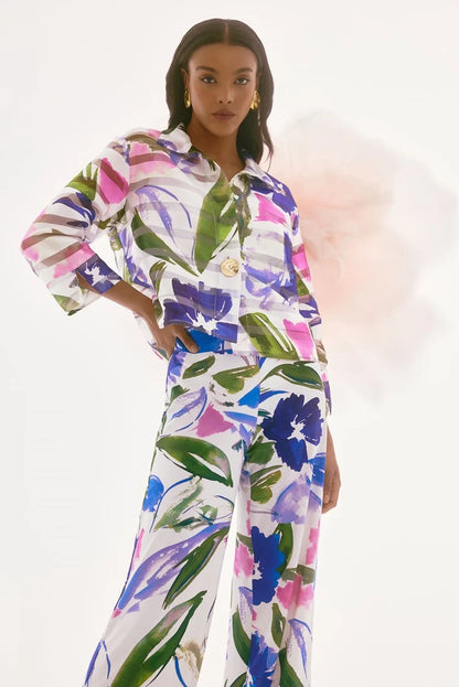 Shadow Stripe Floral Print Trapeze Jacket 251776