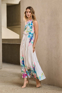 Pleated Satin Floral Print Maxi Dress 251904