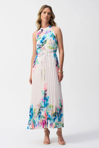 Pleated Satin Floral Print Maxi Dress 251904