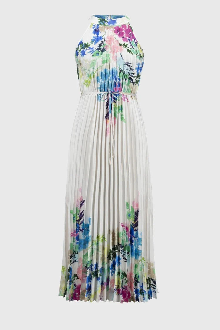 Pleated Satin Floral Print Maxi Dress 251904