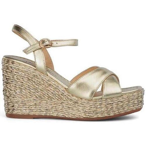 Gold Cross Sandal with Raffia Wrapped Wedges