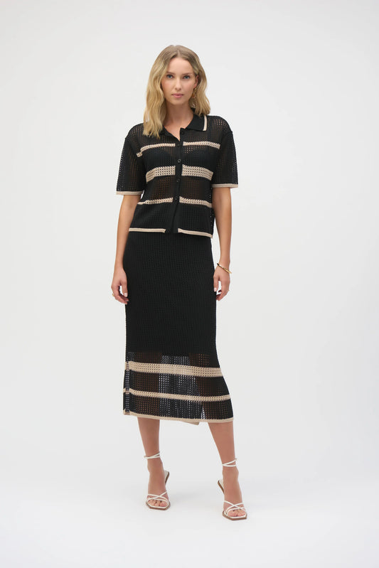 Joseph Ribkoff Black Open Stitch Stripe Knit short sleeve Cardigan 