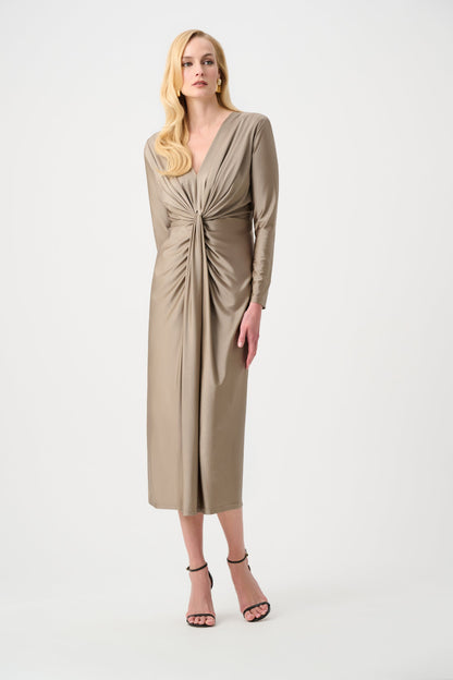 Satin Effect Knit Draped V-Neck Sheath Dress
