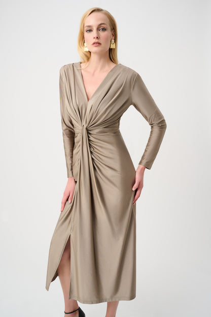 Satin Effect Knit Draped V-Neck Sheath Dress