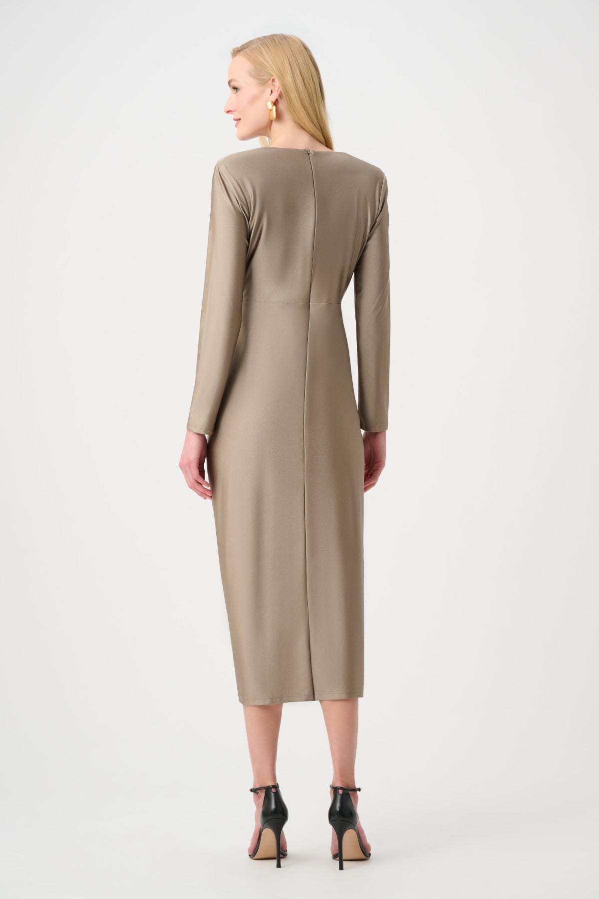 Satin Effect Knit Draped V-Neck Sheath Dress