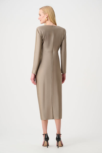 Satin Effect Knit Draped V-Neck Sheath Dress