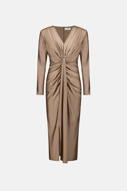 Satin Effect Knit Draped V-Neck Sheath Dress