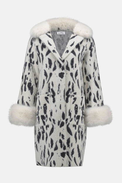 Feather Yarn Animal Jacquard Coat with Faux Fur Trim