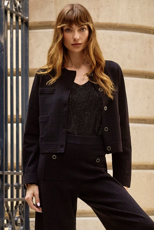 Joseph Ribkoff Sweater Knit Crew Neck Button-Front Jacket Lucindas