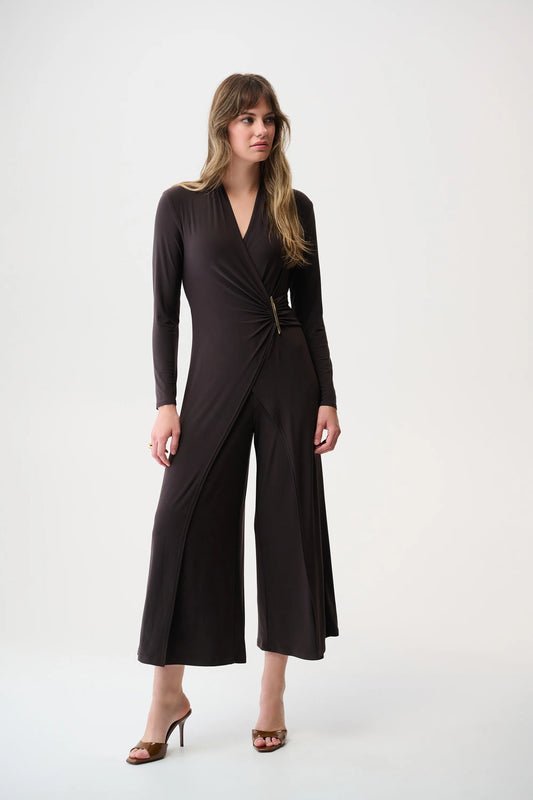 Mocha Wide Leg Wrap Jumpsuit with Ornament Detail