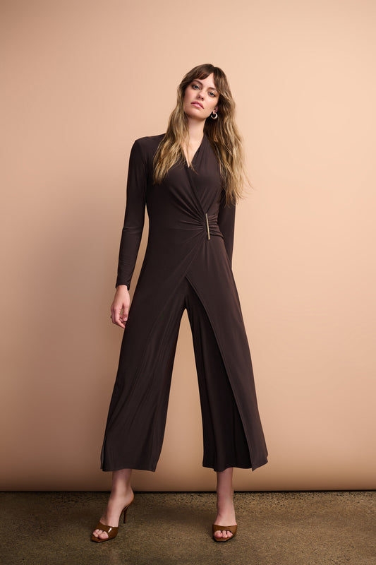 Mocha Wide Leg Wrap Jumpsuit with Ornament Detail