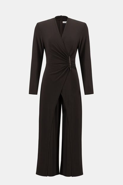 Mocha Wide Leg Wrap Jumpsuit with Ornament Detail