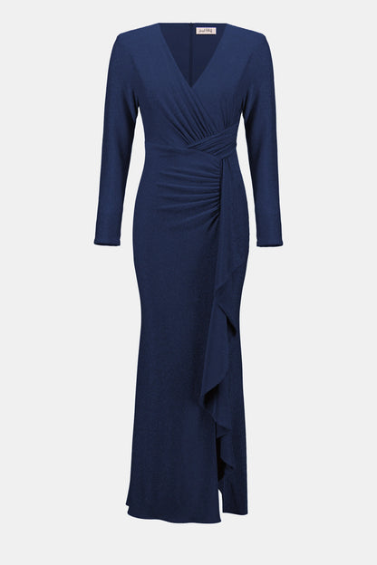 Navy Sparkle Knit Trumpet Gown with Cascade Ruffle
