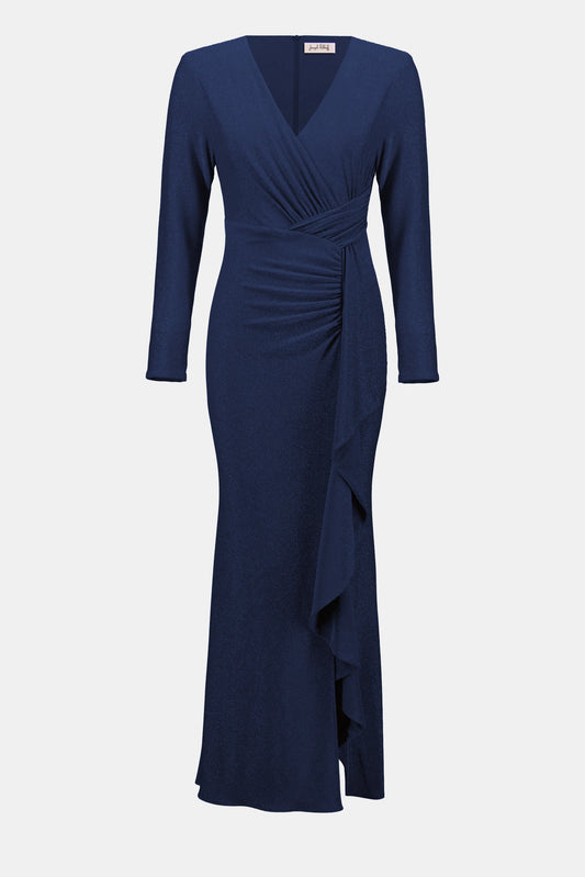 Navy Sparkle Knit Trumpet Gown with Cascade Ruffle