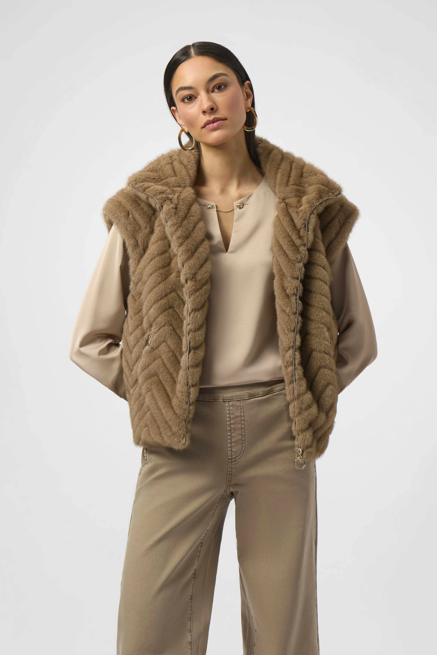 Chevron Faux Fur Mock Neck Gilet