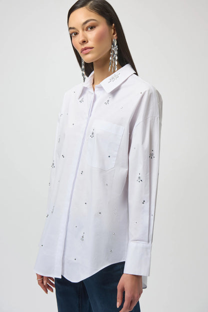 Stretch Cotton White Shirt with Diamanté