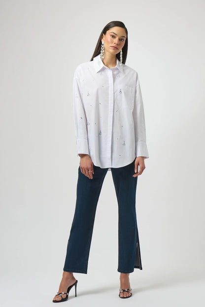 Stretch Cotton White Shirt with Diamanté