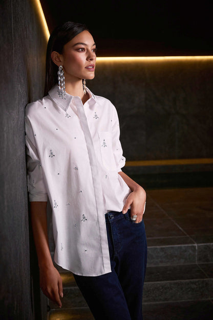 Stretch Cotton White Shirt with Diamanté