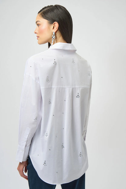 Stretch Cotton White Shirt with Diamanté