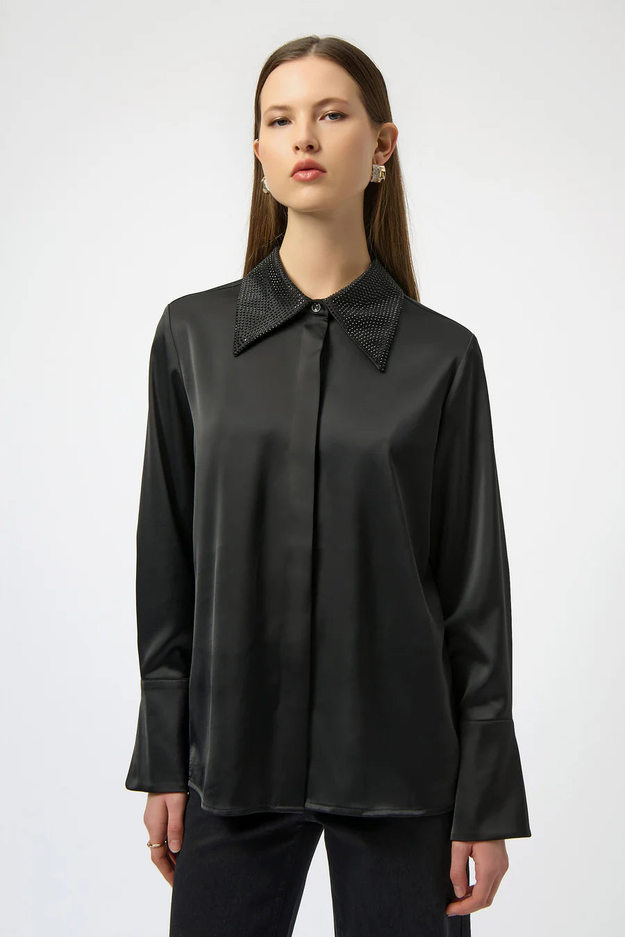 Button Front Blouse with Embellished Collar