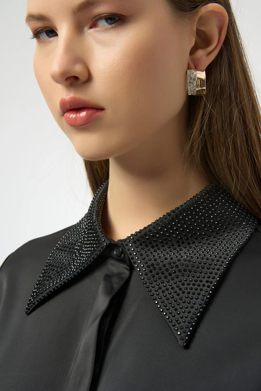 Button Front Blouse with Embellished Collar