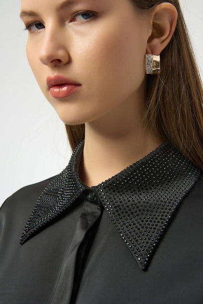 Button Front Blouse with Embellished Collar