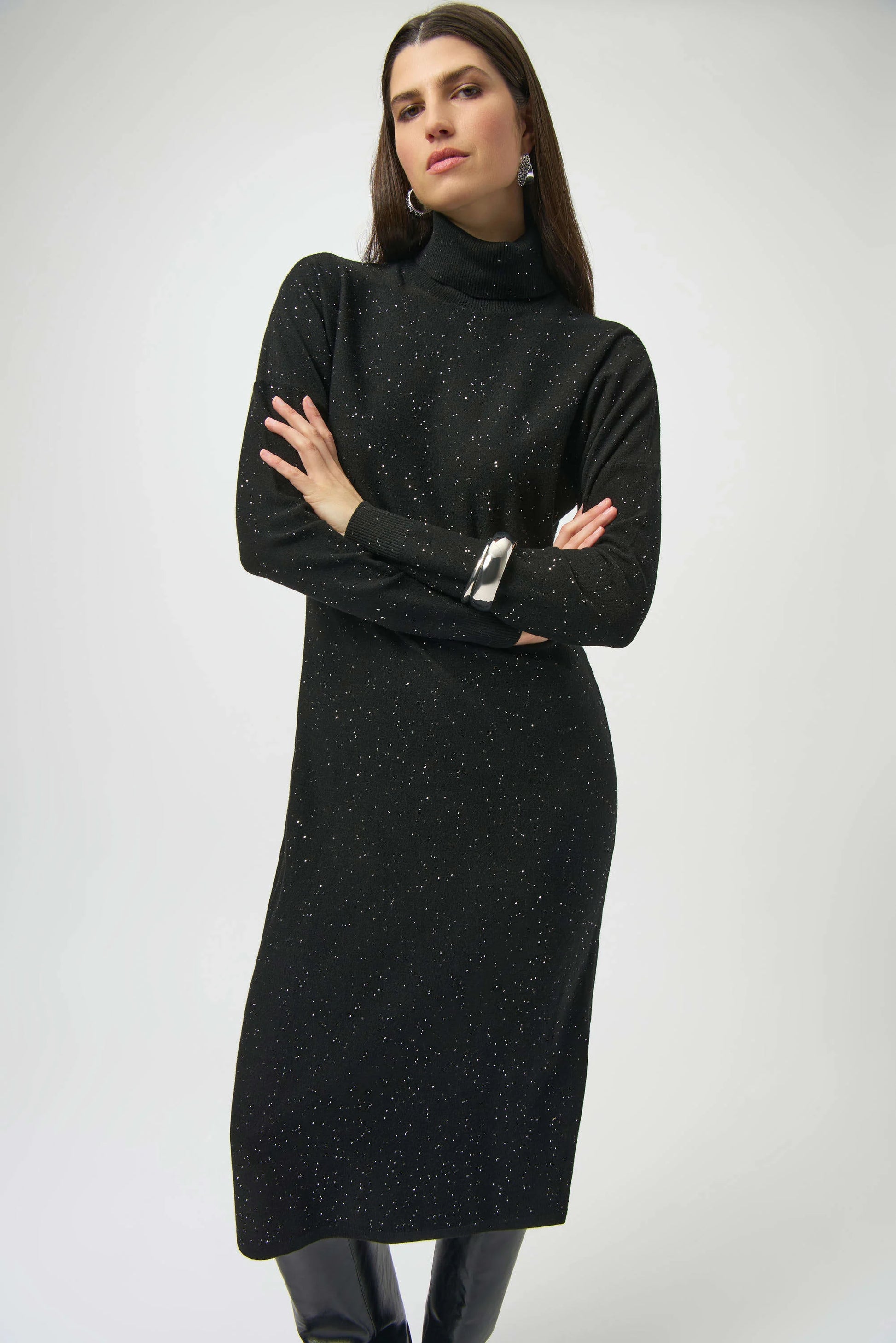 Joseph Ribkoff Sequined Sweater Knit Turtleneck Sheath Dress