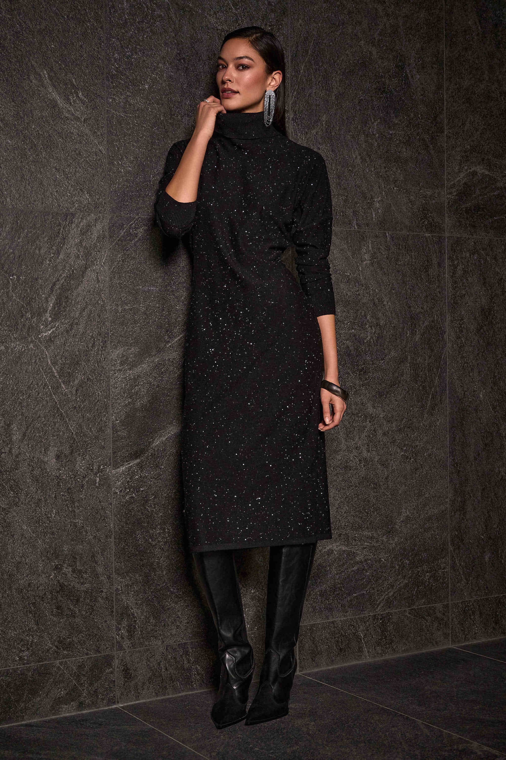 Joseph Ribkoff Sequined Sweater Knit Turtleneck Sheath Dress