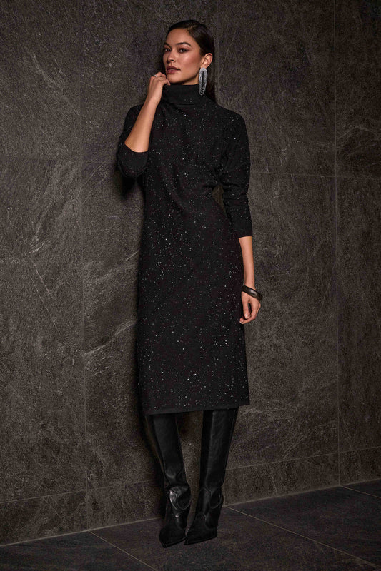 Joseph Ribkoff Sequined Sweater Knit Turtleneck Sheath Dress