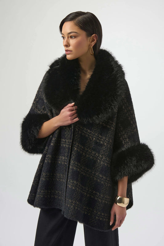 Jacquard Sweater Knit Cape with Faux Fur Accents