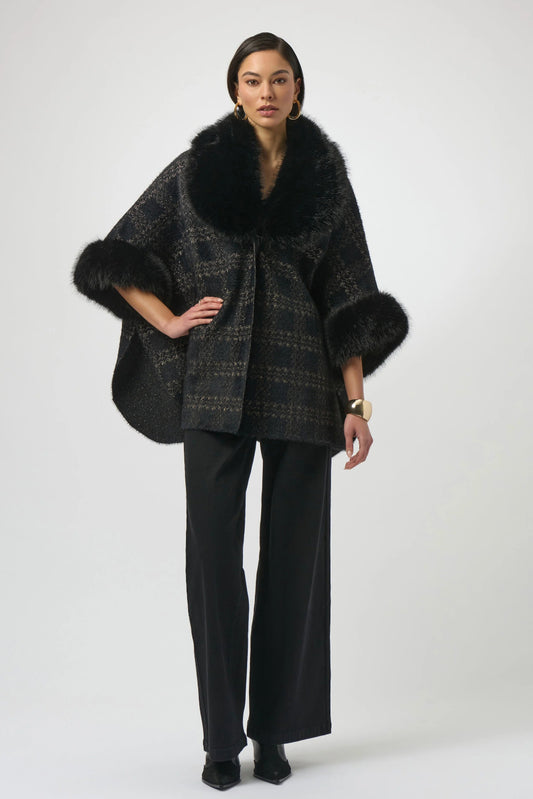 Jacquard Sweater Knit Cape with Faux Fur Accents