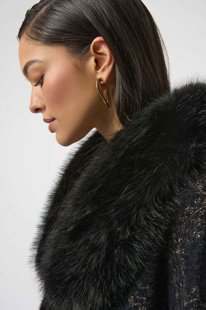 Jacquard Sweater Knit Cape with Faux Fur Accents